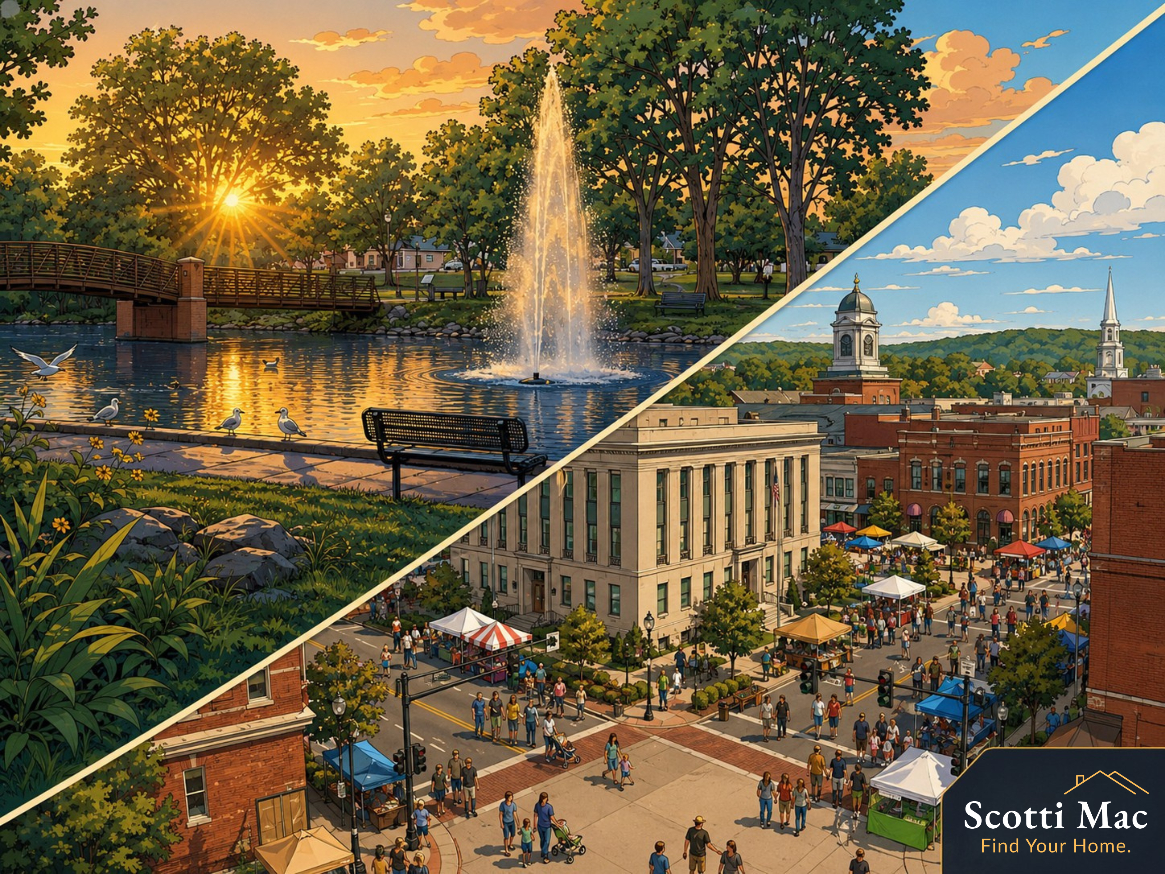 Hendersonville lake at sunset split image with Gallatin Square
